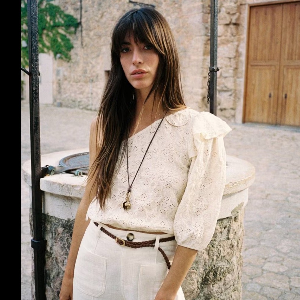 Zara Cream Asymmetric Embroidered lace cold shoulder top